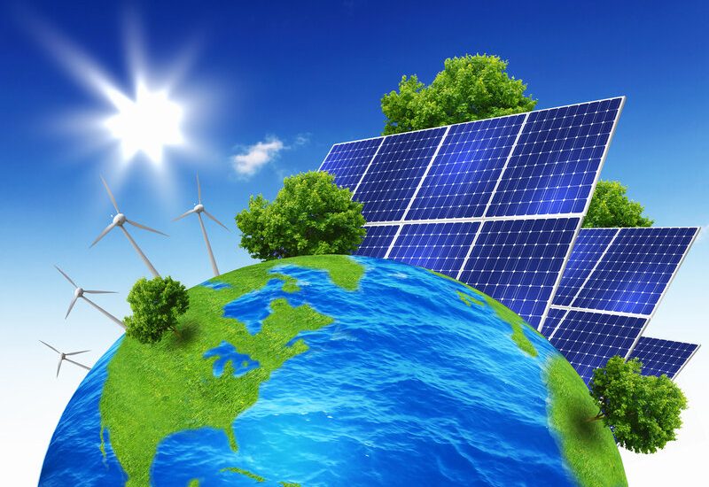 Green planet earth with solar energy batteries installed on it